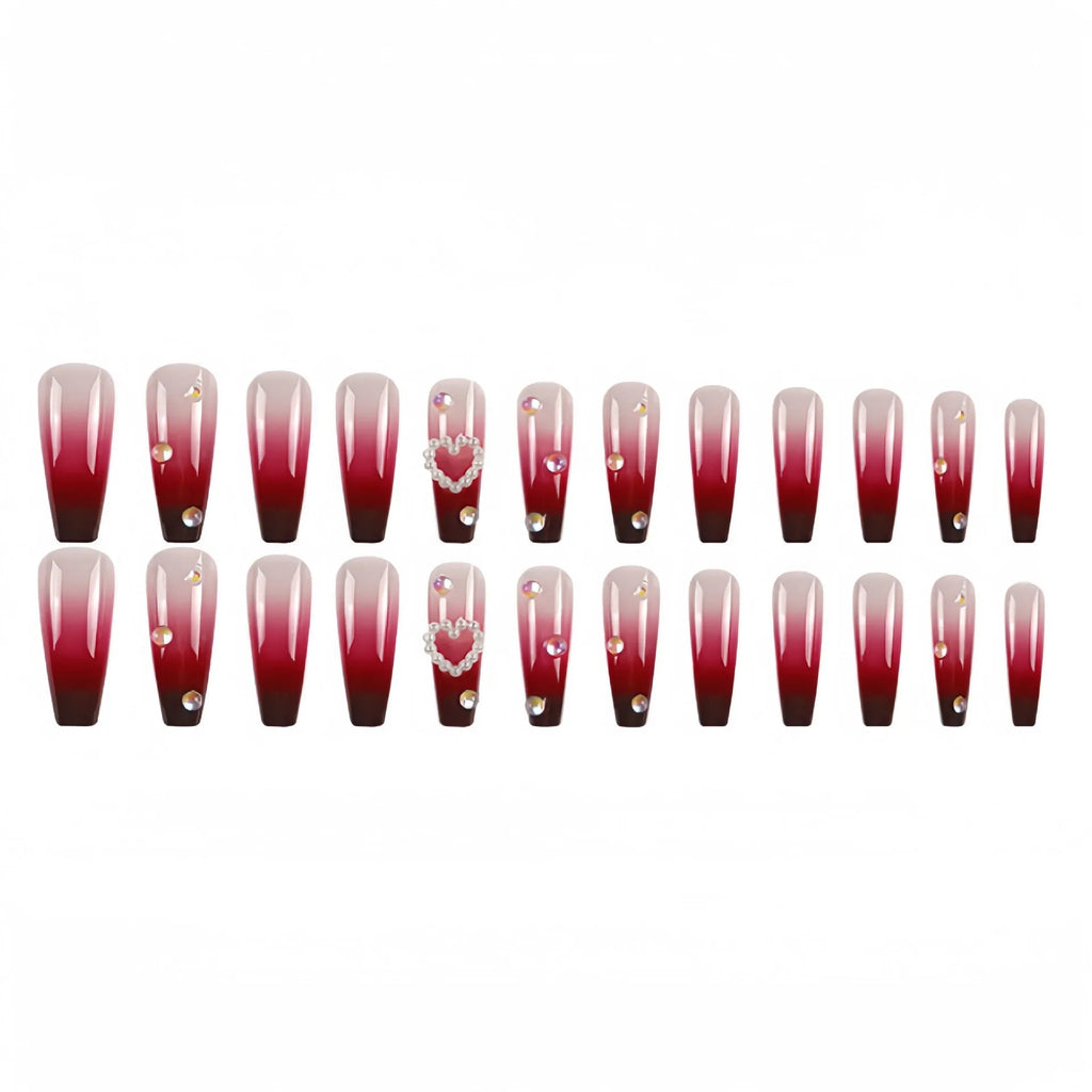 Wine red gradient fake nail tips with heart and plaid pattern, long ballet style, shown with jelly glue and rubbing cloth.