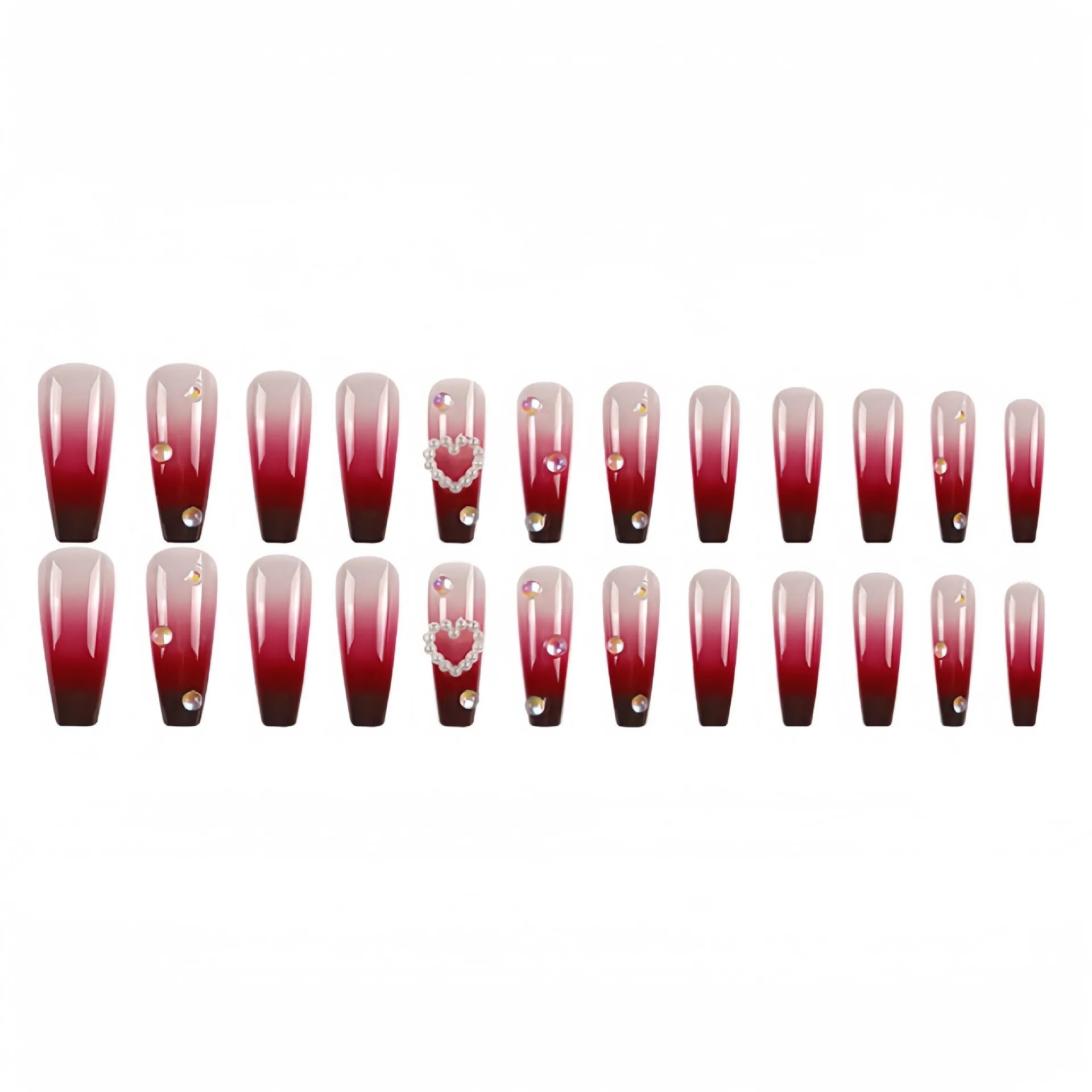 Wine red gradient fake nail tips with heart and plaid pattern, long ballet style, shown with jelly glue and rubbing cloth.