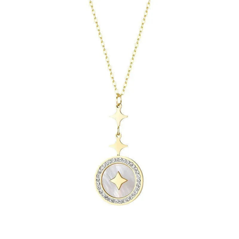 Gold hexagonal star pendant on a titanium steel chain necklace for women with an extender.