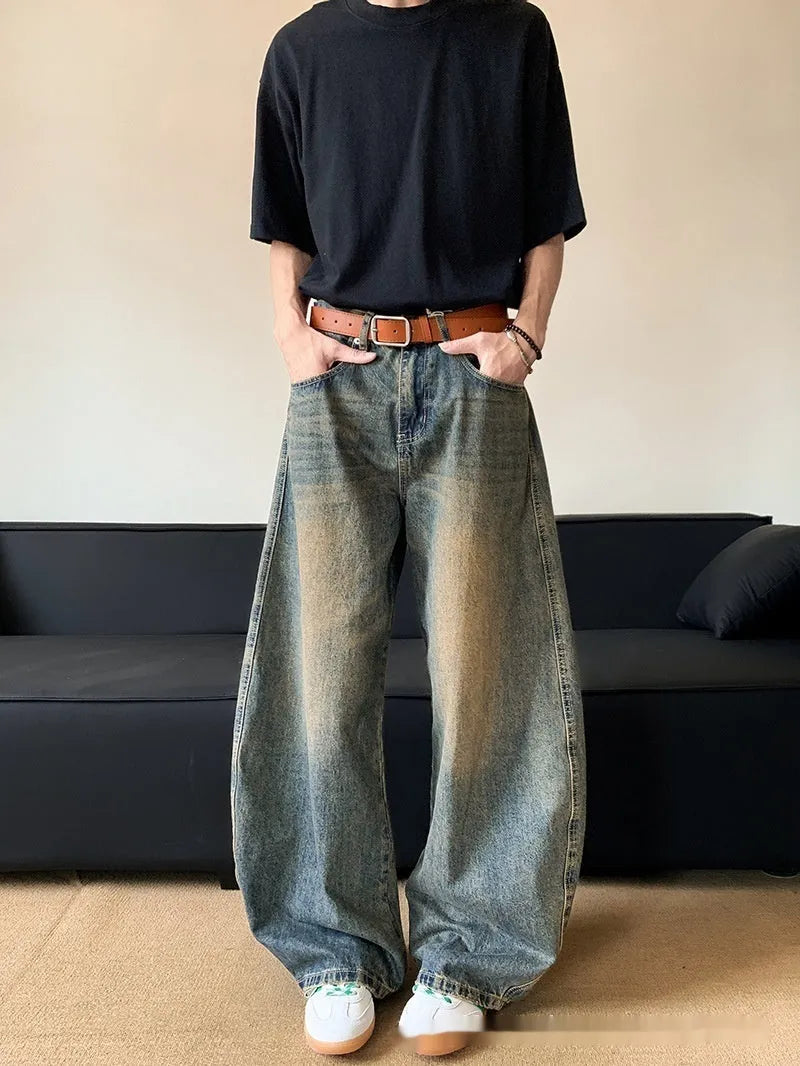 Men's retro blue distressed denim wide-leg trousers with micro elastic cotton blend fabric