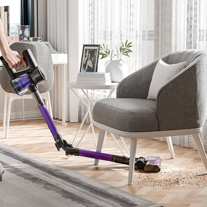 Handheld vacuum cleaner with brushless motor, foldable design, black and purple standard colour