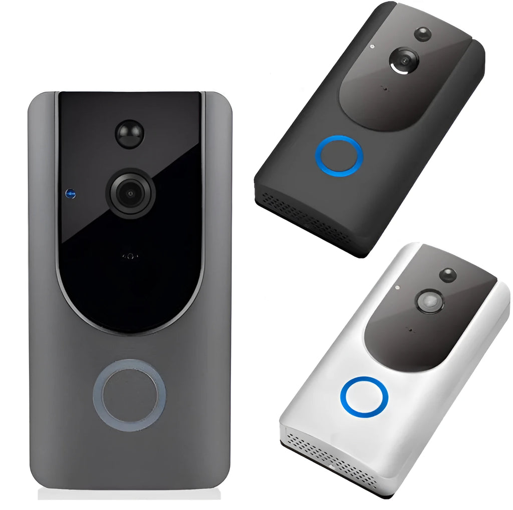 Smart WiFi video doorbell camera in gray with 166° wide-angle lens and visual intercom display