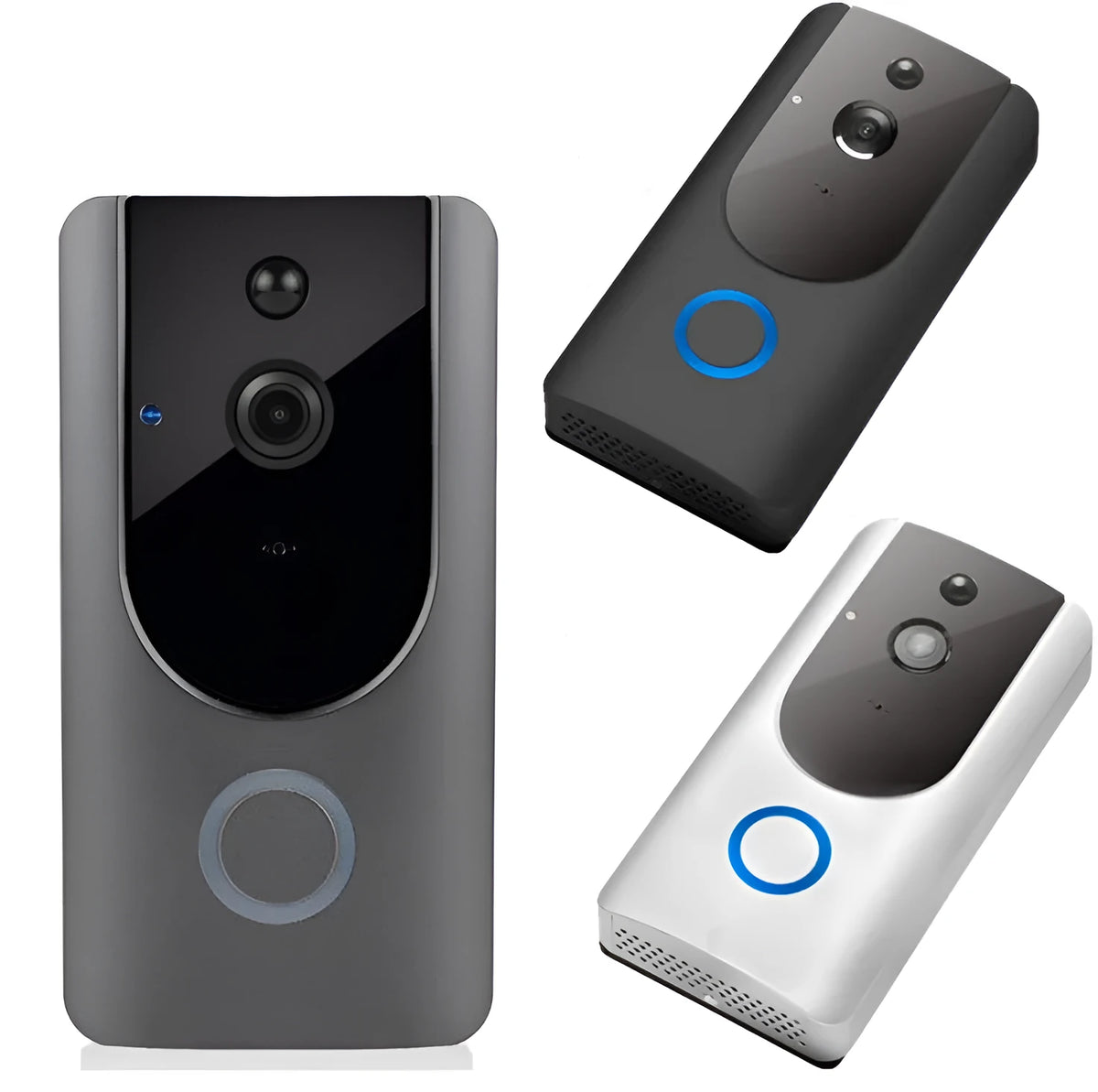 Smart WiFi video doorbell camera in gray with 166° wide-angle lens and visual intercom display