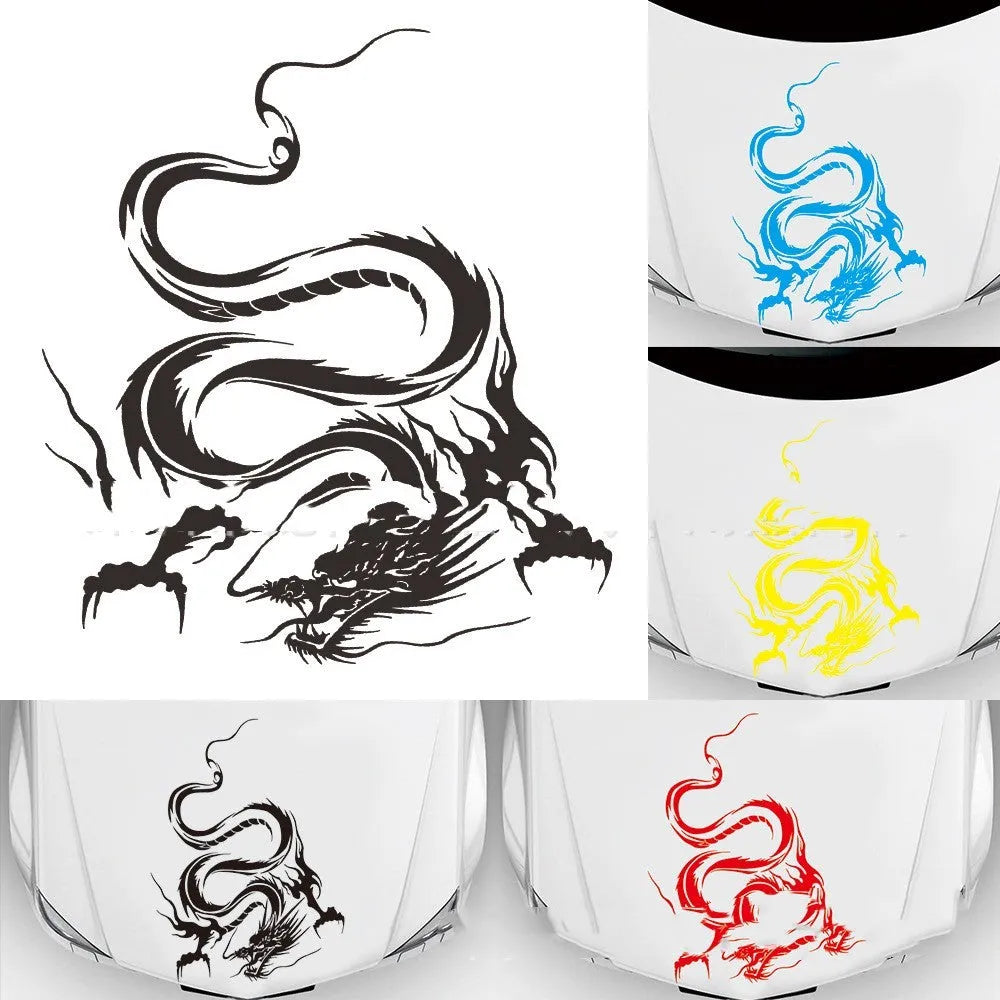 Large black dragon design car vinyl sticker for vehicle front-end, measuring 50 by 36 centimetres.