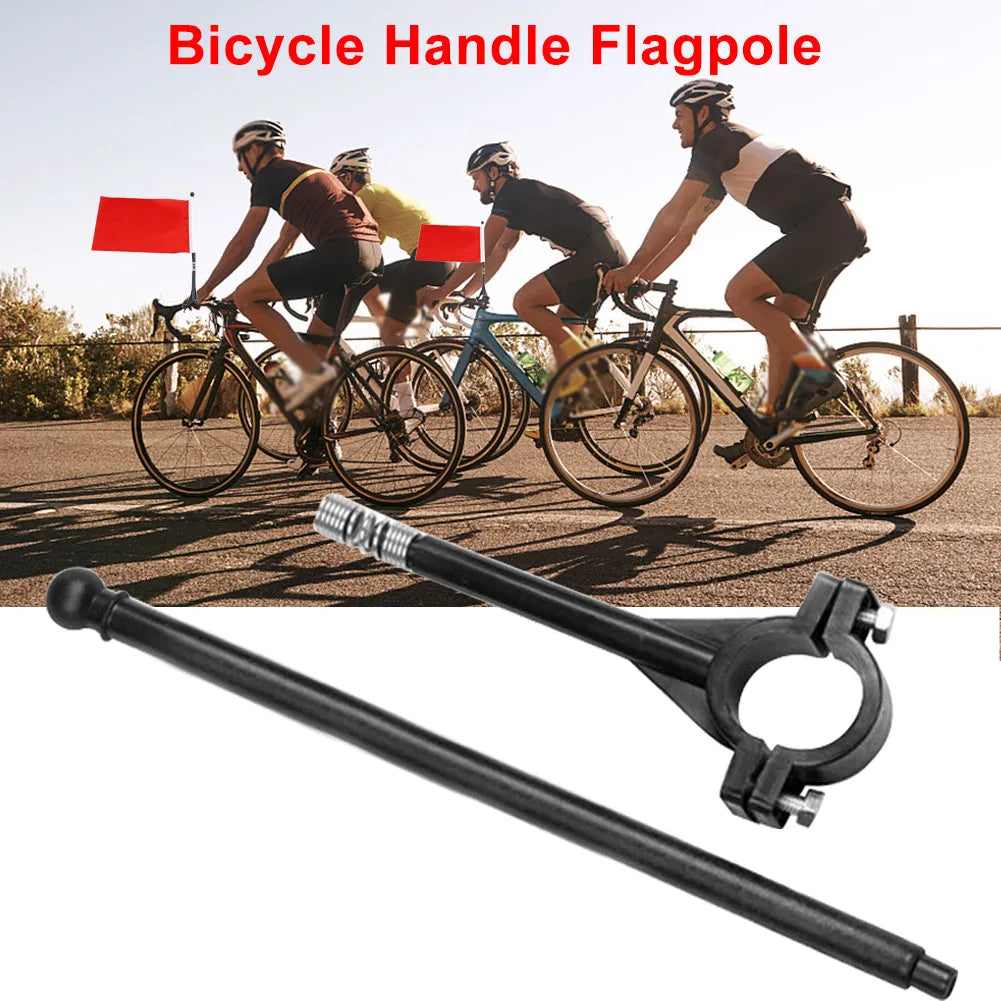 A plastic handlebar flagpole with a square polyester fabric flag attached, mounted on a bicycle.