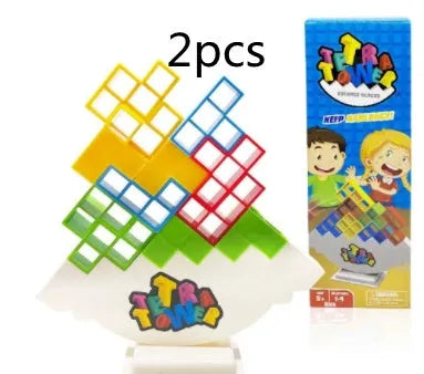 Plastic balance stacking game with 16 colourful building blocks on chassis