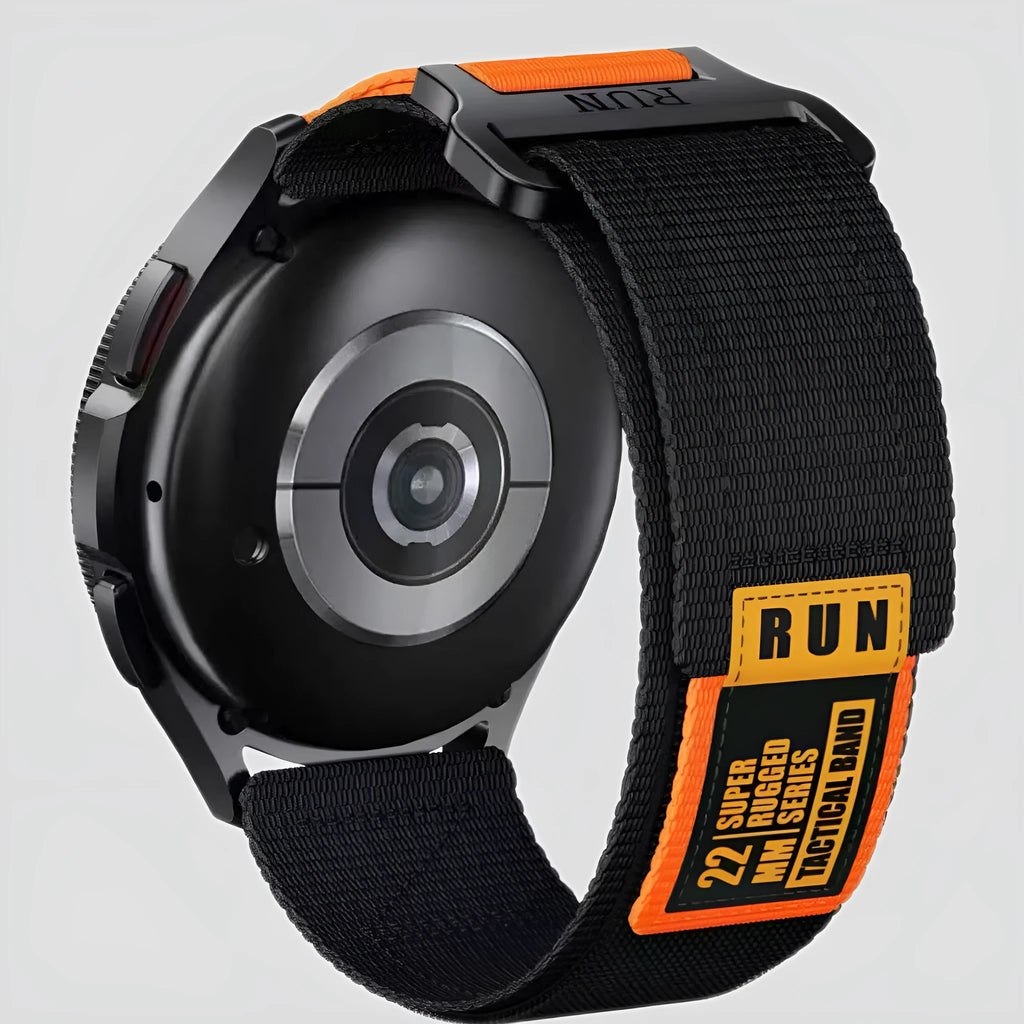 Black nylon woven sports tactical watch strap with metal buckle on a grey background