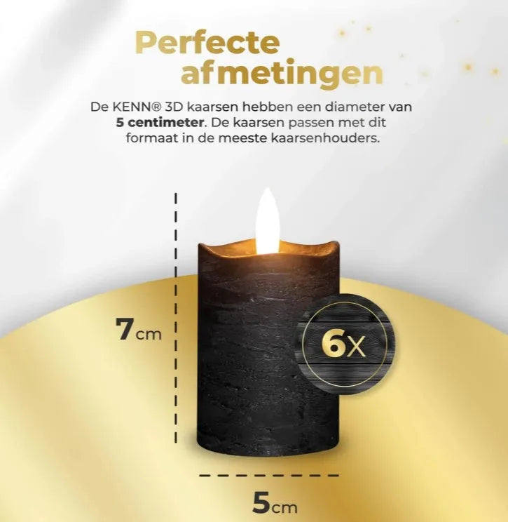 Black S6 LED pillar candle with glowing flame effect, shown with dimensions 5 cm wide by 7 cm tall.