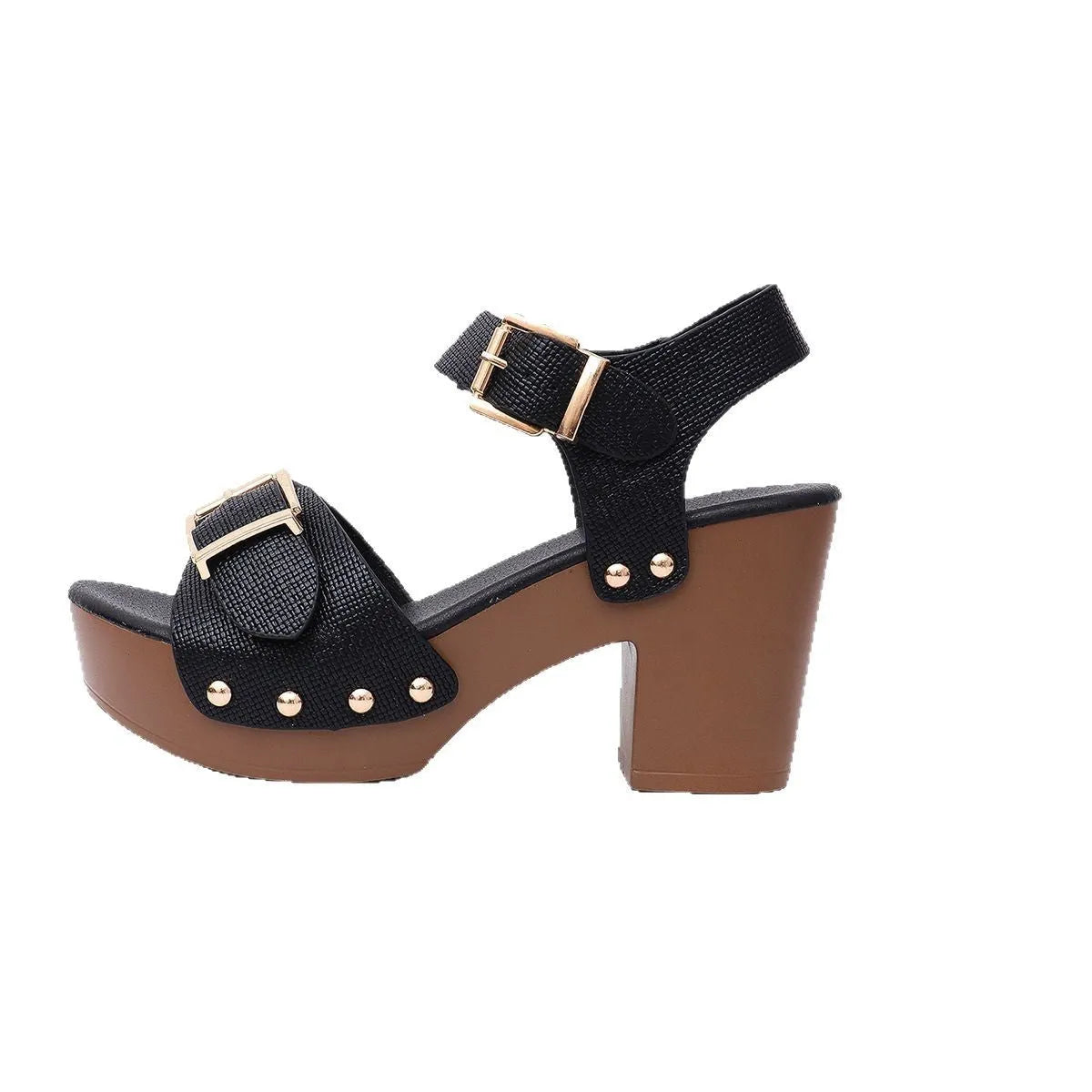 Plus size thick high heel sandals with buckle rivet closure in beige colour