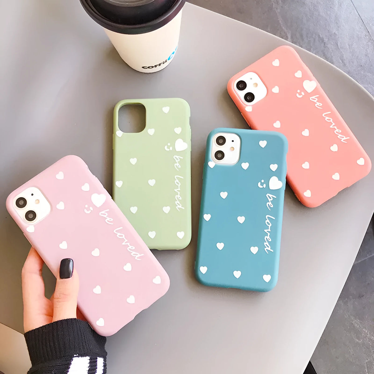 Love TPU phone case in blue, back cover for iPhone, smooth surface treatment, fashion style.