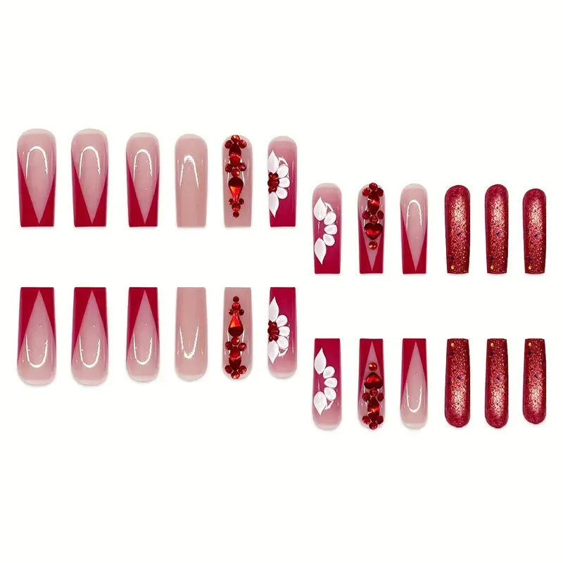 Sweet flower design fake nails with red diamond decoration in European square shape