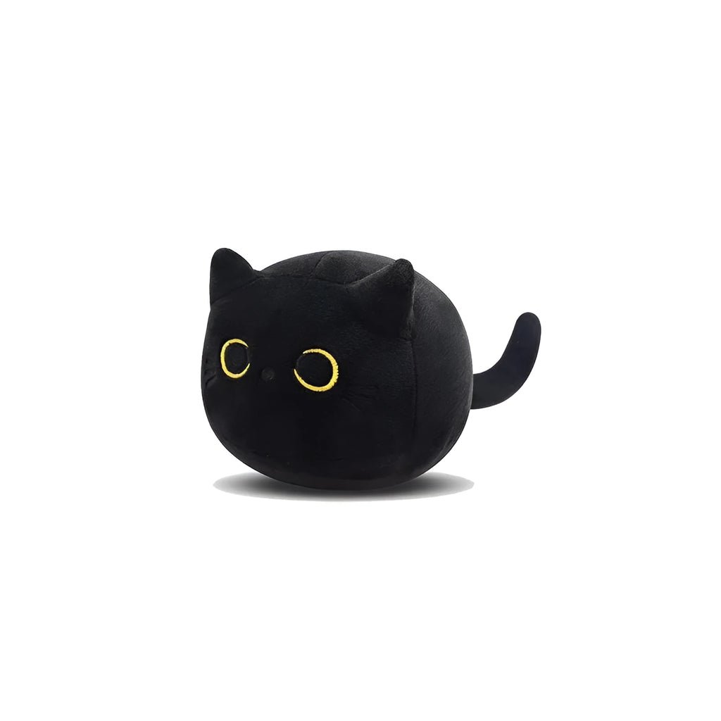 Black fluffy cat plush toy stuffed animal shown as a soft pillow cushion approximately 35cm long.