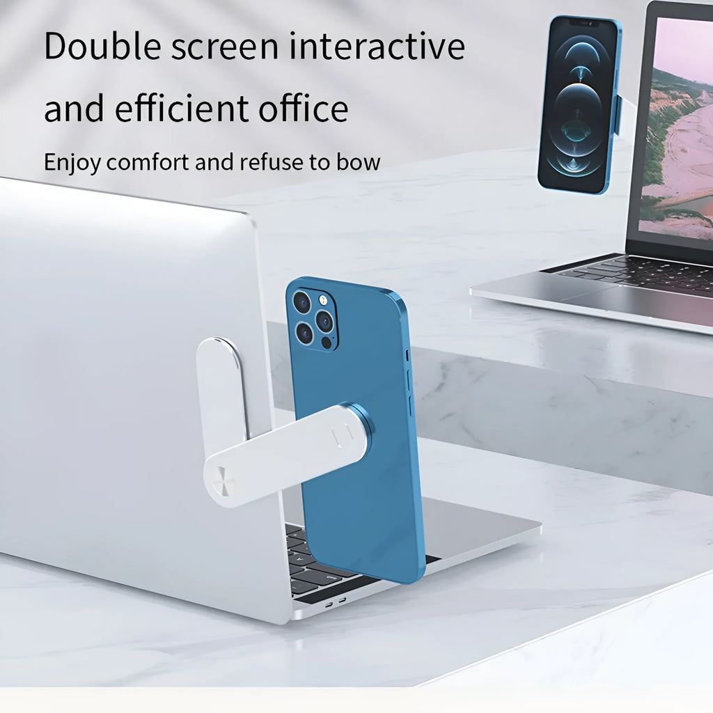 Black aluminum laptop phone holder clipped to a monitor, holding a smartphone and with headphones hanging from the hook.