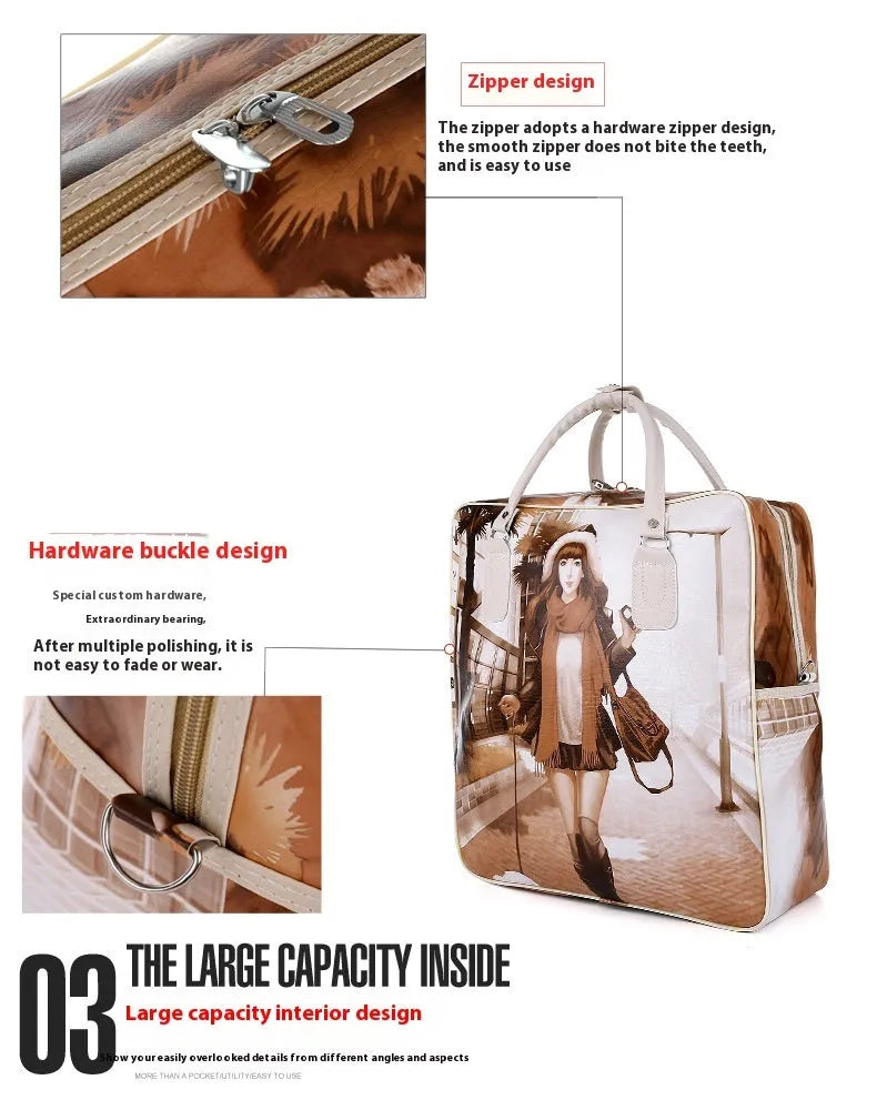 Waterproof PU leather travel handbag, medium 20-35L, square vertical model, soft handle, Les Girls or Tower Beauty colour