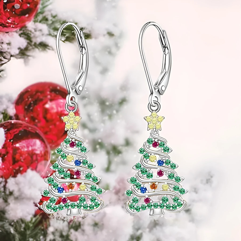 Women's copper Christmas tree earrings with white gold plating and star shape elements
