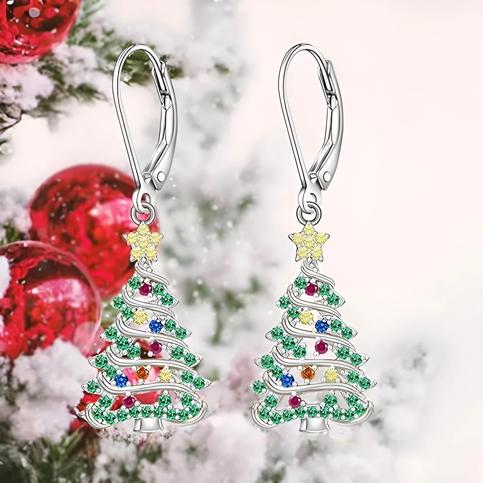 Women's copper Christmas tree earrings with white gold plating and star shape elements
