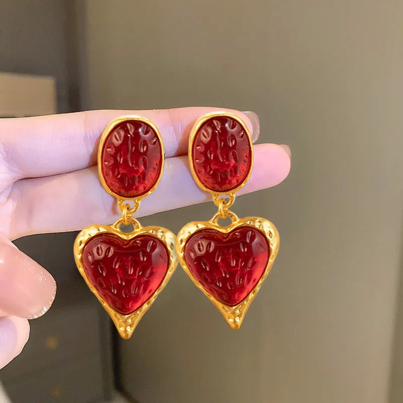 Silver needle pleated oval love heart stud earrings in green, purple, red, and yellow white on alloy posts.