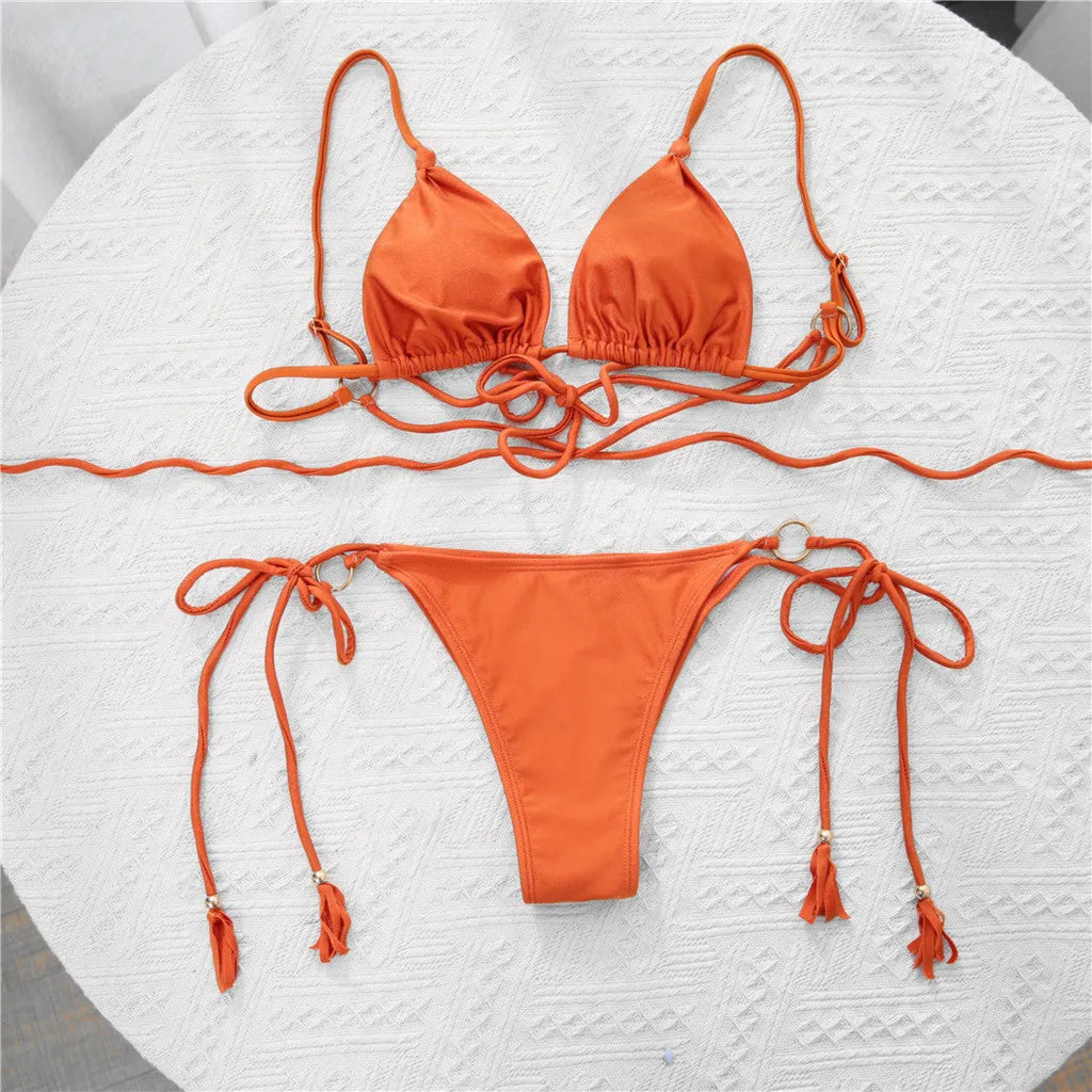 Ladies nylon shiny fabric strap bikini with chest pad, no steel support, brown or pearl powder, sizes S to L