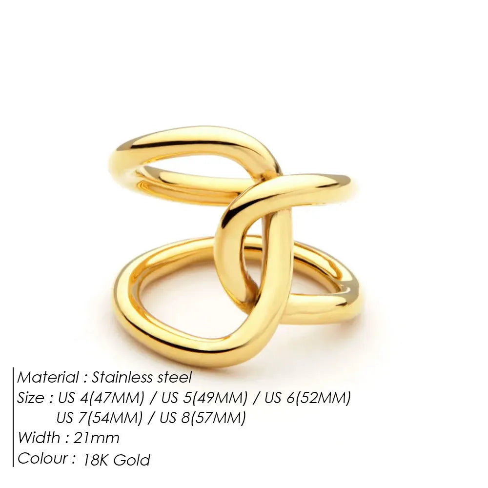 Adjustable geometric U-shaped ring with knotted design in stainless steel available in five sizes