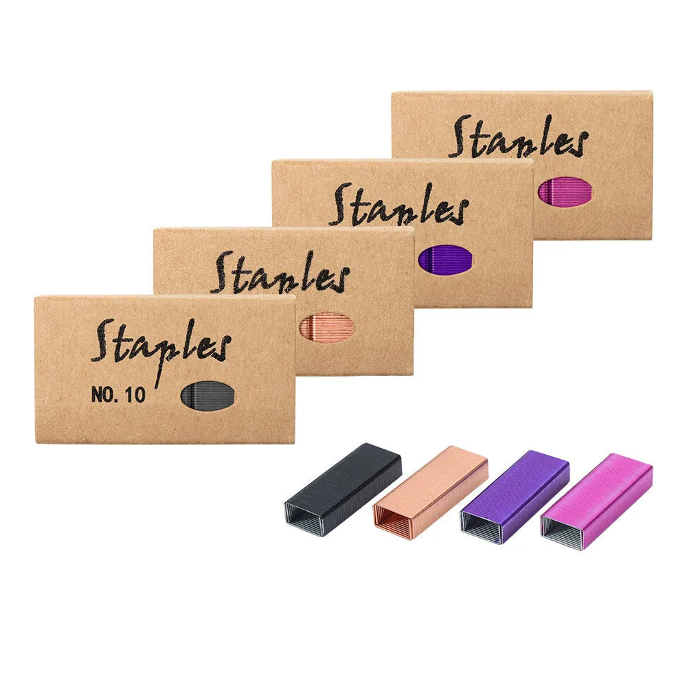 Box of 1000 metal office staples available in black, purple, rose gold, and rose red colours.