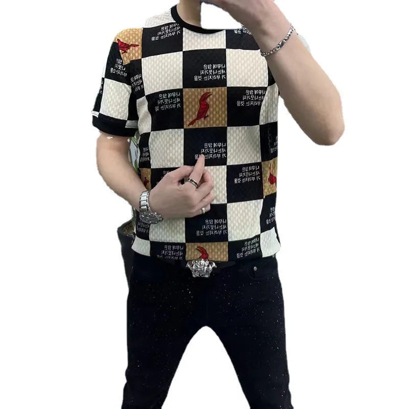 Men's short-sleeved cotton blend undershirt, slim fit letter pattern, black and white plaid or brown, sizes L to 6XL