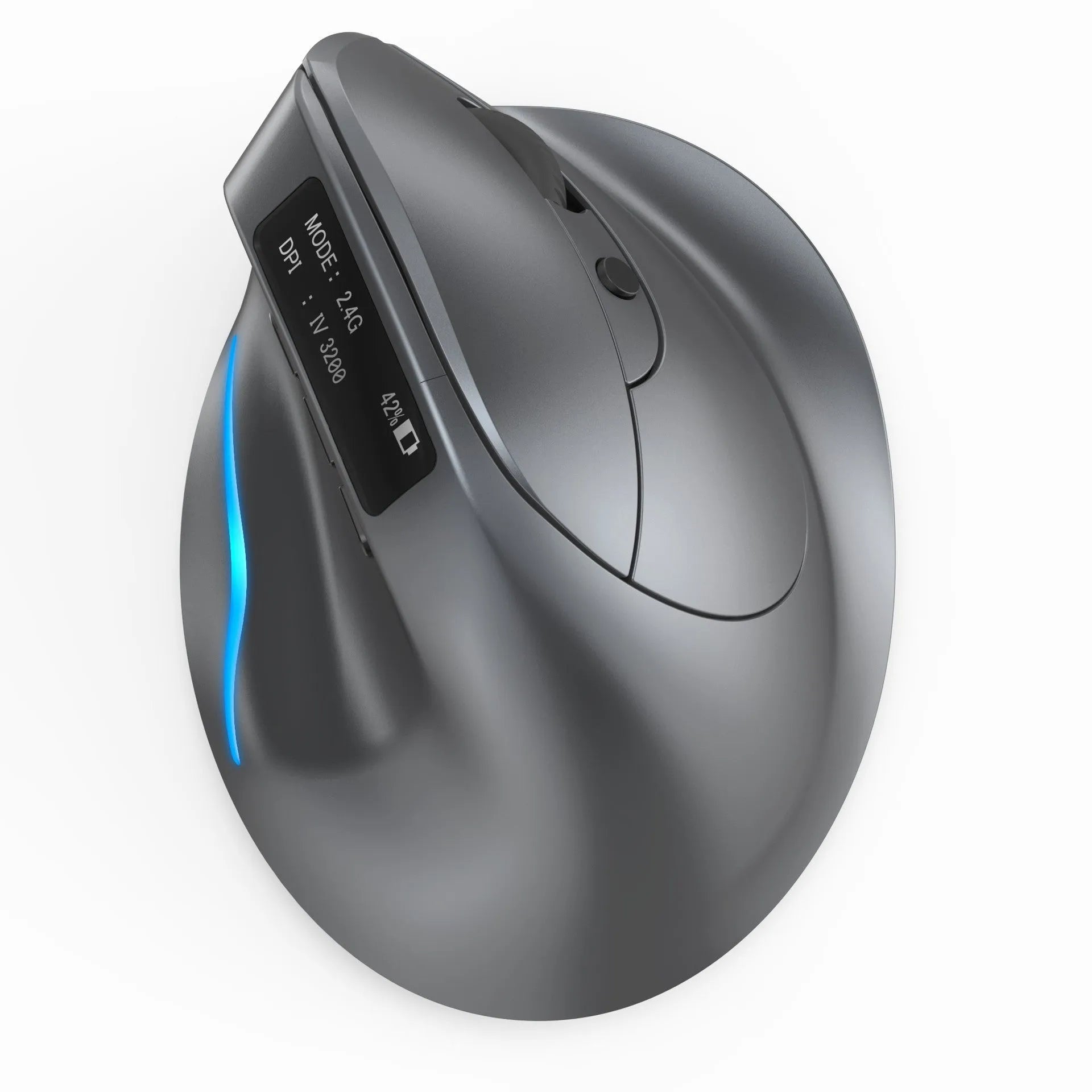 Grey vertical ergonomic wireless mouse with Bluetooth connectivity for laptop use