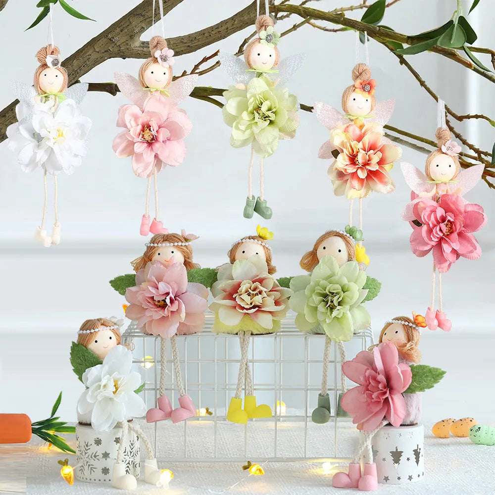Cloth elf Easter pendant with floral and angel girl motif in pink, green, or yellow.