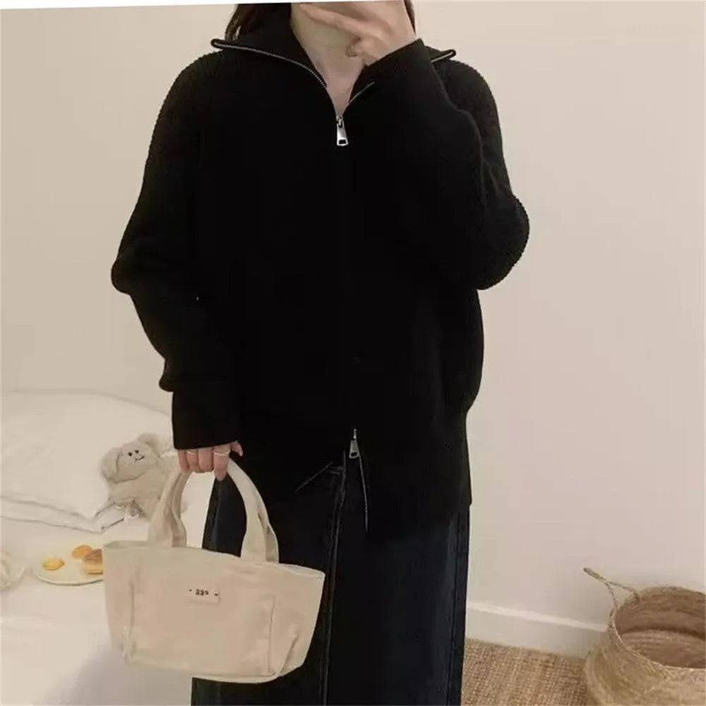 Hong Kong style double zipper knitted cardigan jacket in loose fit with floral pattern and three-dimensional decoration