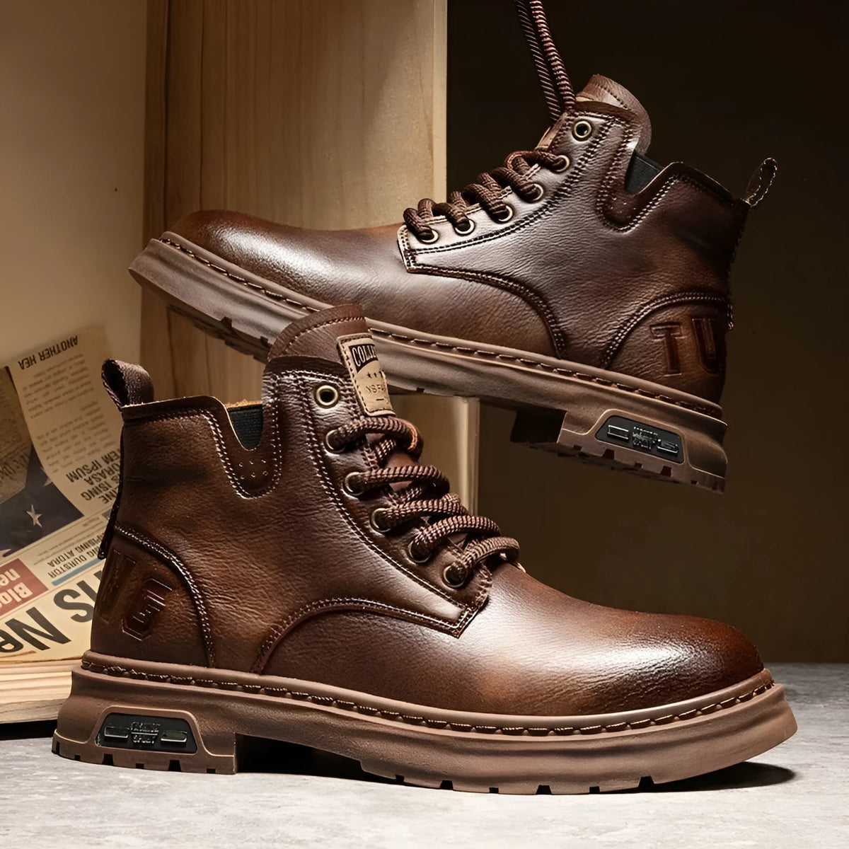 Men's retro British style ankle boots in black or brown with round toe and artificial PU upper, sizes 39-44