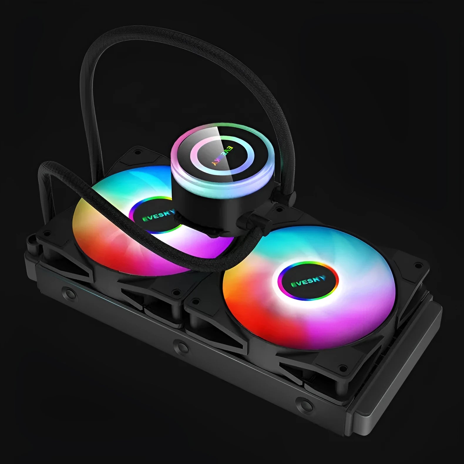 Aluminium CPU radiator with fans and RGB lighting for gaming PC cooling