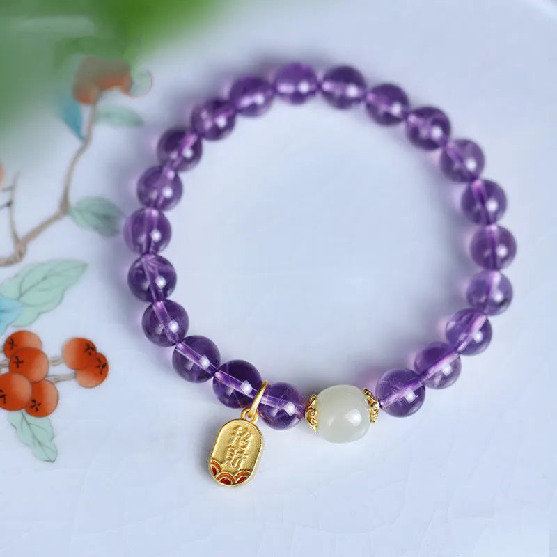 Amethyst crystal bead bracelet with geometric shape and national style design.