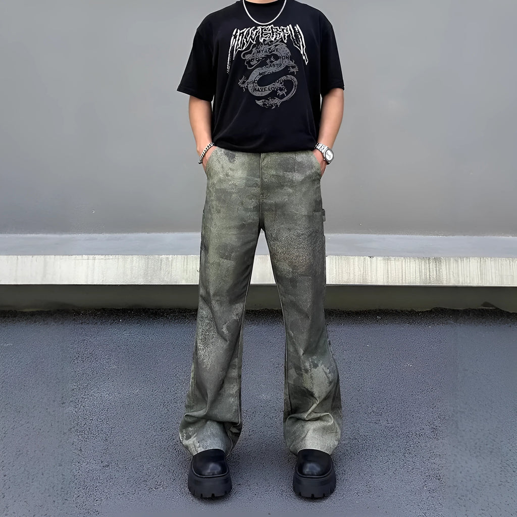 Men's straight-leg denim jeans featuring a digital camouflage pattern in picture colour.
