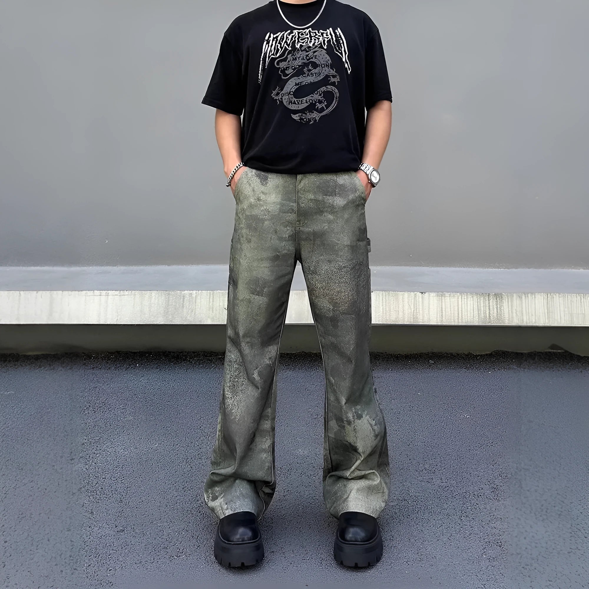Men's straight-leg denim jeans featuring a digital camouflage pattern in picture colour.