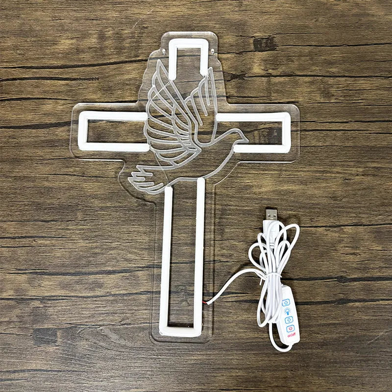 LED neon light peace dove cross acrylic plate white illumination hanging on wall