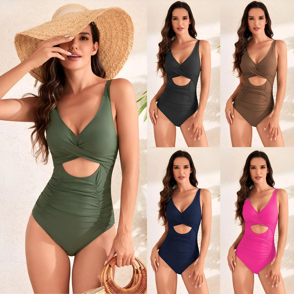 Solid colour cross pack pleating high waist one-piece nylon swimsuit for women sleeveless design