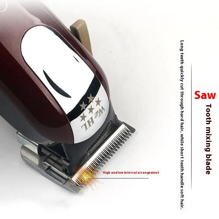 Cordless charging hair clippers with stainless steel cutter head, includes EU UK and US plug adapters