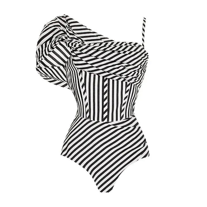Women's striped ruffled one-piece swimsuit with removable black skirt in polyester fabric