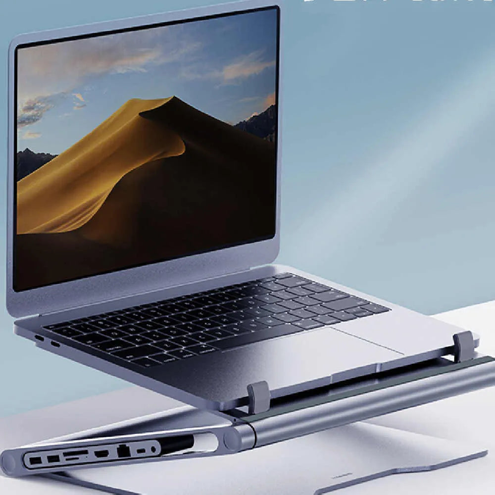 Aluminium alloy laptop stand with 8-in-1 docking station in deep space grey, cave-type design with silicone pads