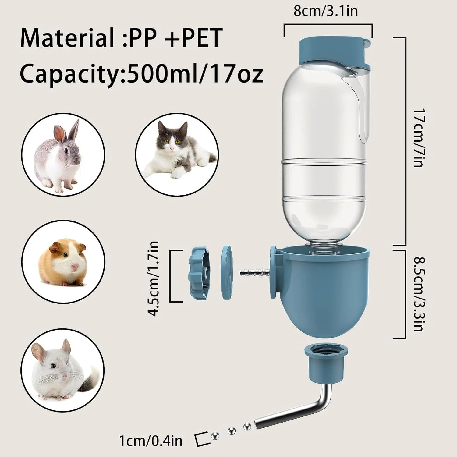 Blue small animal water bottle with rotating nozzle mounted on cage bars