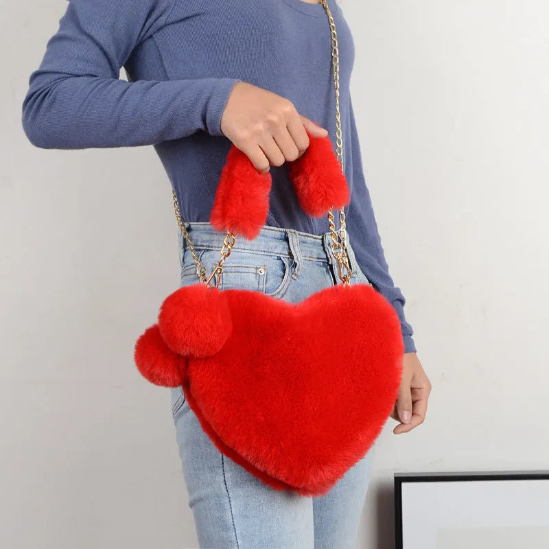 Love Bags soft plush heart-shaped handbag for women with detachable shoulder strap