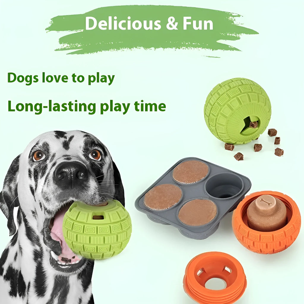 Natural rubber food dropping ball toy in green and orange, 14x10x10cm, for interactive dog treat dispensing