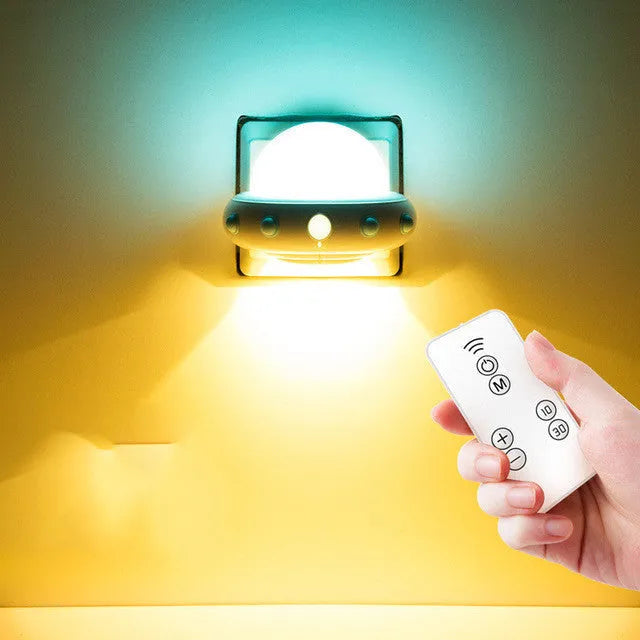 Remote control UFO shaped bedside night light in blue, pink, or white colour options