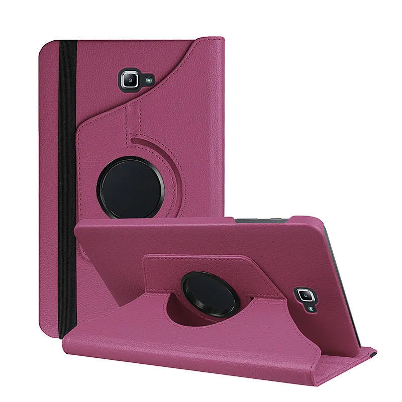 Tablet leather case with rotating stand in clamshell design showing ten colour options