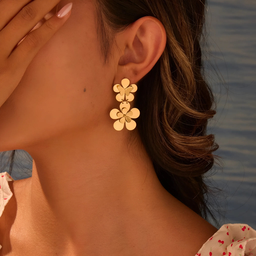 Gold electroplated stainless steel earrings with floral butterfly design for women