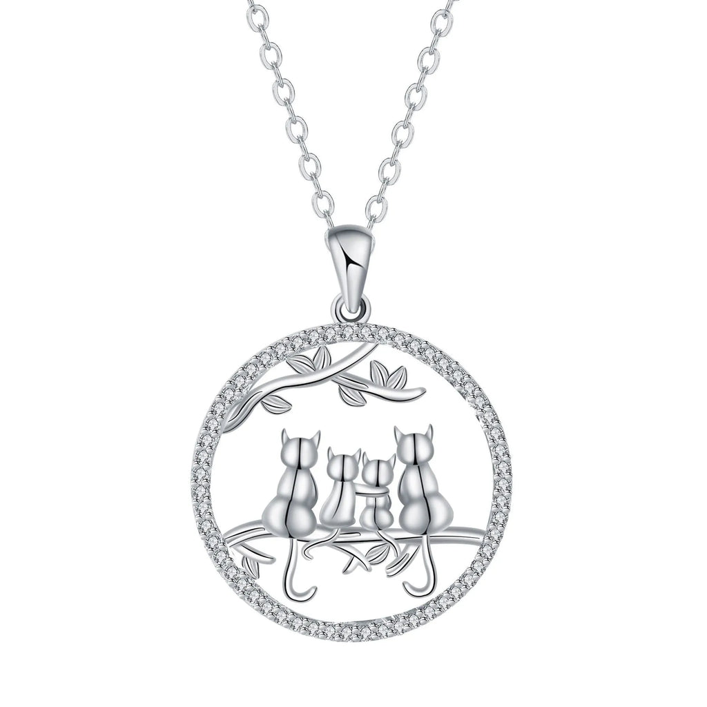 Four kitten pendant necklace on copper cross chain for women