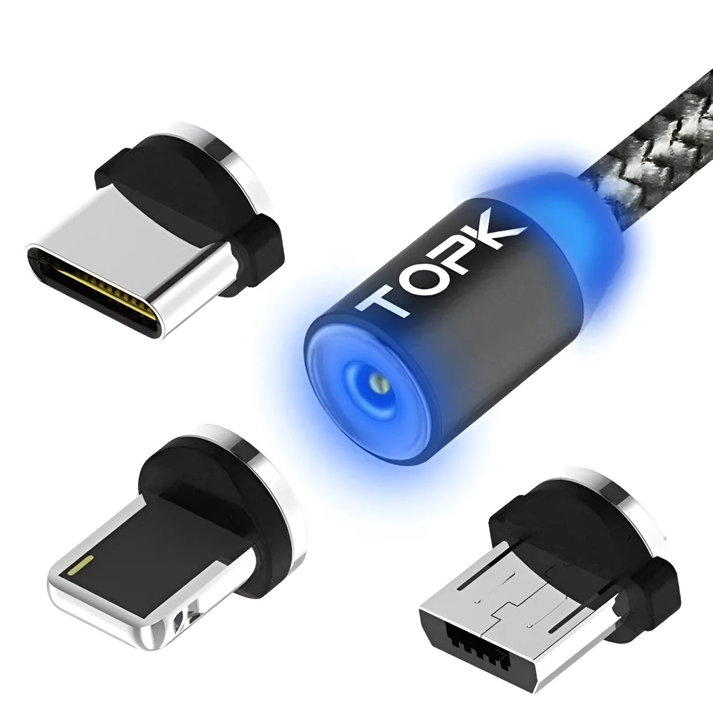 Magnetic charging cable with three plug tips for Apple, Android and Type-C devices