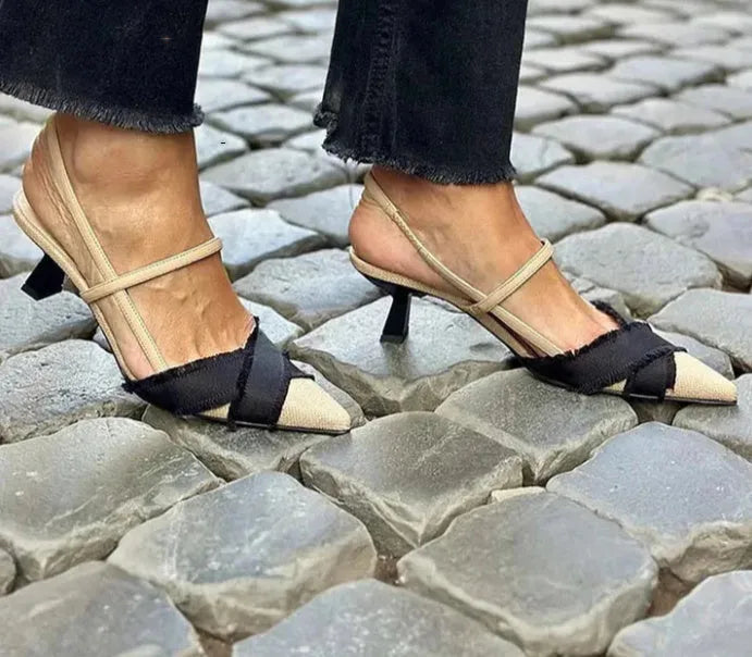 Women's apricot black colour block stiletto heel sandals with pointed toe and buckle.