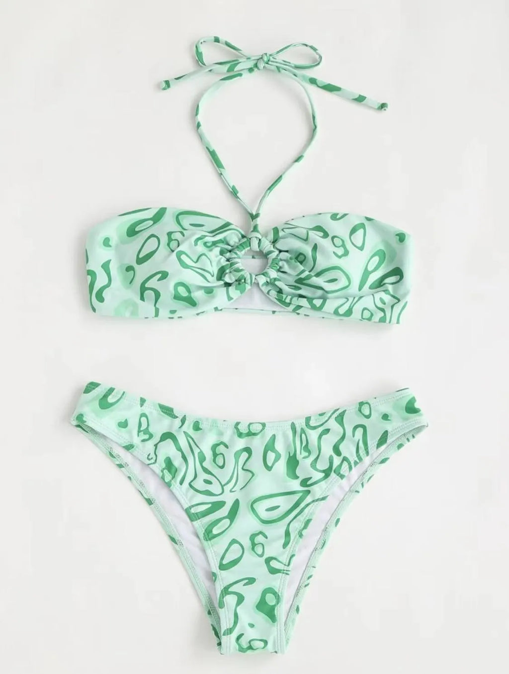 Women's floral print bandeau bikini swimsuit with split style design in blue colour
