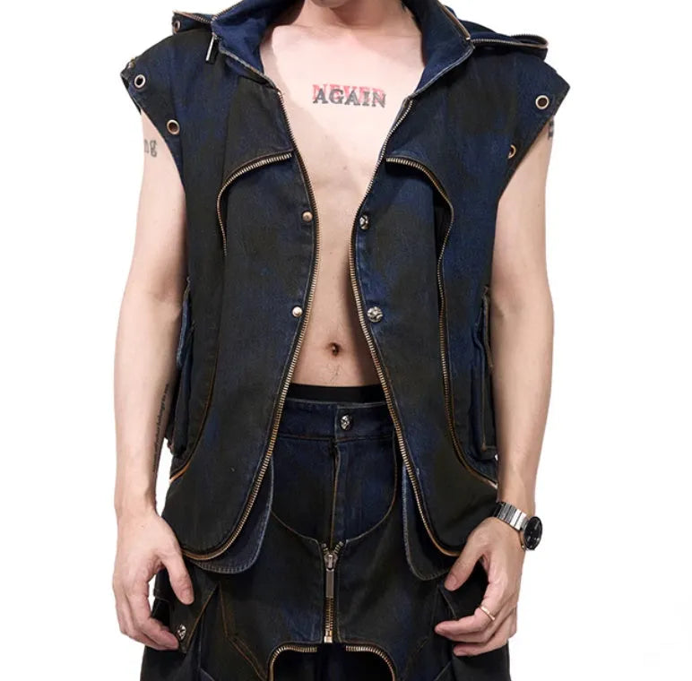 Blue hooded denim vest and matching trousers co-ord set with zip front closure