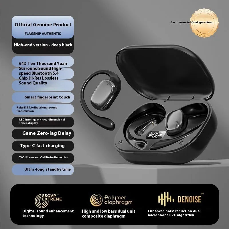 Ear-mounted wireless headphones with digital display screen in black, white, or skin colour options